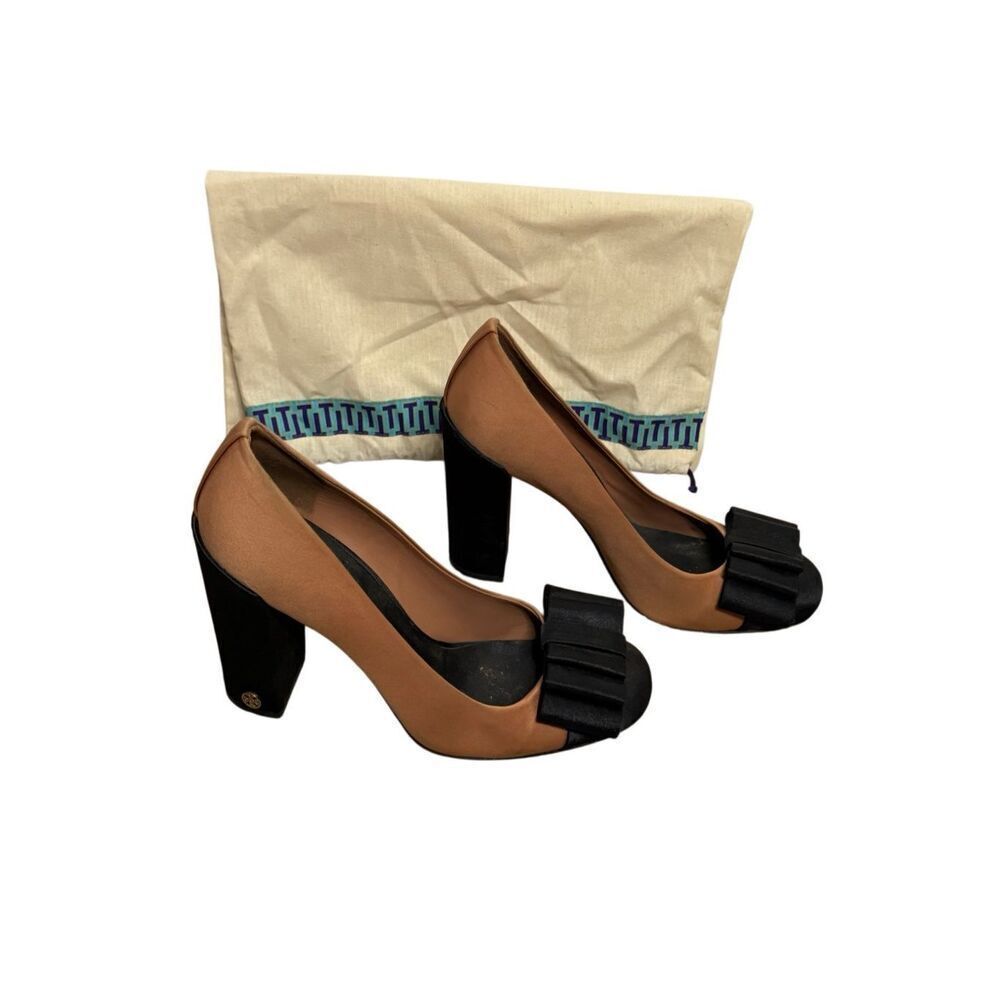 Tory Burch Cicely Champagne & Black Satin Slip-On Block Heels Womens Sz 7.5
